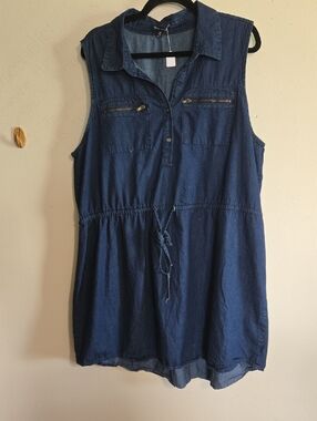 DR19 New Look Dark Blue Midi Shirt Dress Sz 2X Drawstring Waist Sleeveless